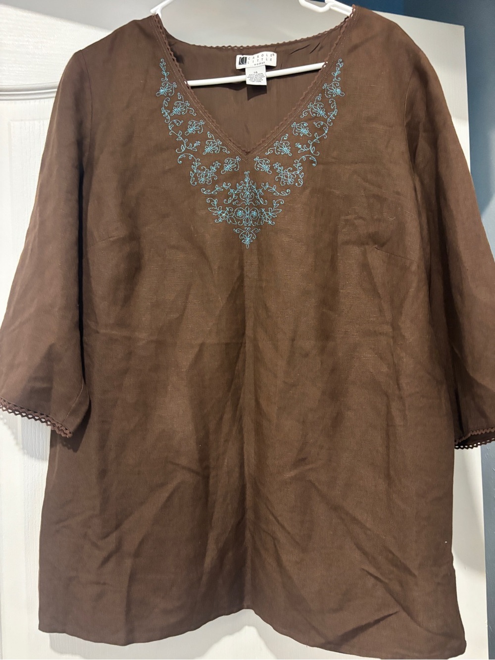 Carole Little Brown V-Neck Camisole with Light Blue Embroidery